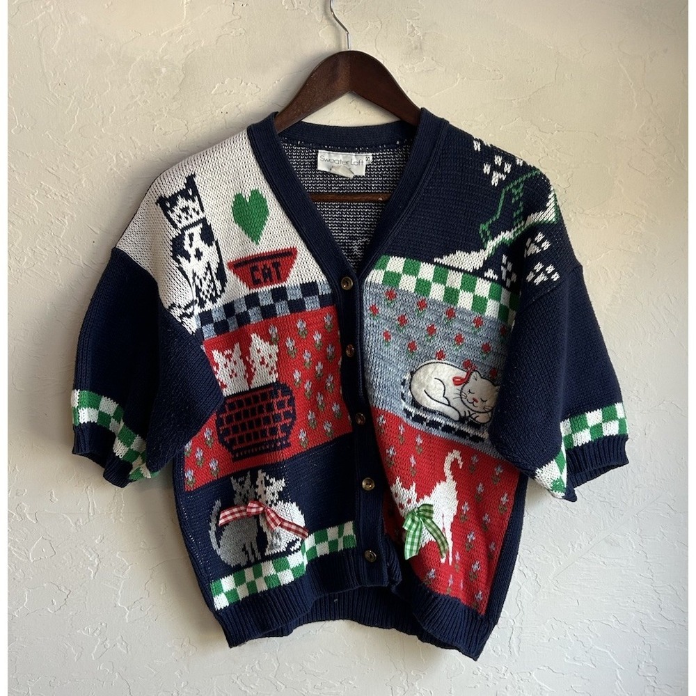 Vintage Sweater‎ Loft Cat Cardigan S Appliqué Cat Lady I Love Cats Novelty Retro